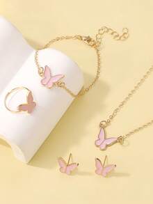 5pcs Elegant Butterfly Pendant Earrings Bracelet Ring And Necklace Set, Best Gift For Girls For Daily Wear, Parties And Events - Pink - View 2