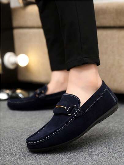 Luxury Soft Bottom Slip-On Loafers, Suede Fabric With Metal Buckle Decor, Fine Stitching, Suitable For Multiple Occasions All Year Round