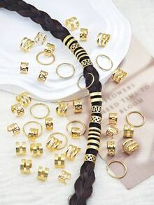 50个/套 复古波西米亚风合金发圈 - 镂空圆形发饰，适合女性和女孩，优雅纯色发圈，可用于编发和DIY发型，发夹 - 金色 - 查看 3