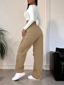 女士纯色弹力腰直筒宽松休闲优雅口袋Y2K可爱工作工装裤，适合街头、机场、乡村音乐会、复活节、俱乐部、生日派对、万圣节、新年、感恩节、健身房、海滩、度假、毕业典礼、外出、运动、商务、教师节等场合，适合所有季节（春、夏、秋、冬）。 - 杏色 - 查看 4