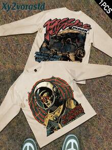 Y2k Astronaut Art Punk Long Sleeve Shirts ,Sky Double-Sided Printing,Christmas Style Graphic T Shirt Cotton,Fashionable Hip-Hop For Men -  Long Sleeve T-Shirts, Funny Vintage Shirts,Regular Fit, Street Style, Digital Print,  Ideal Gift - Màu be - Xem 1