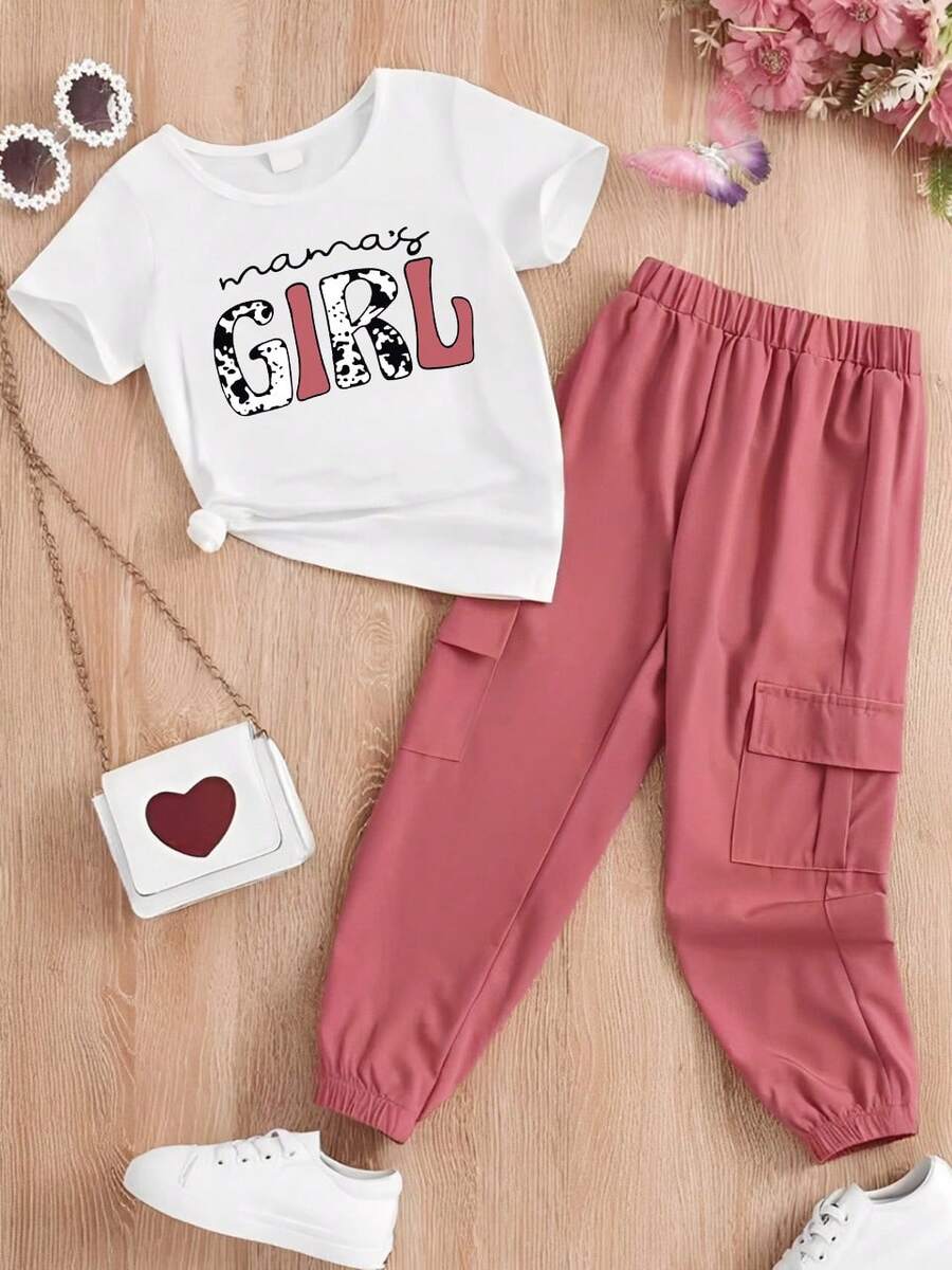 女童字母印花圆领短袖T恤和抽绳工装裤休闲套装 - 白色 - 查看 1