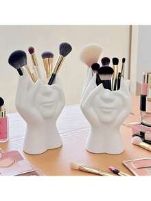 现代艺术女性脸部花瓶，白色储物瓶装饰，当代艺术装饰储物瓶摆件，适合简约风格的桌面、客厅、办公室、卧室等空间，现代家居装饰，摆件，可收纳化妆品、化妆刷，桌面装饰，母亲节礼物，毕业礼物，婚礼装饰，化妆间装饰 - 彩色 - 查看 4