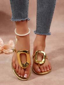 New Women's Gold Sandals, Summer Open Toe Flat Sandals, Metal Buckle - Gold - View 13