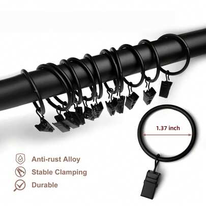 Juego de 50 anillos de cortina de metal con clips, anillos de cortina con clips, diámetro interior de 3,48 cm, compatibles con barras de cortina de 2,54 cm de diámetro, disponibles en negro, dorado y plateado