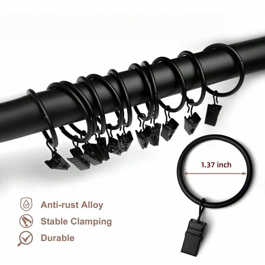 50-Piece Set Of Metal Curtain Rings With Clips, Curtain Clip Rings, Inner Diameter Of 1.37 Inches, Compatible With Curtain Rods With A Diameter Of 1 Inch, Available In Black, Gold, And Silver - màu đen - Xem 1