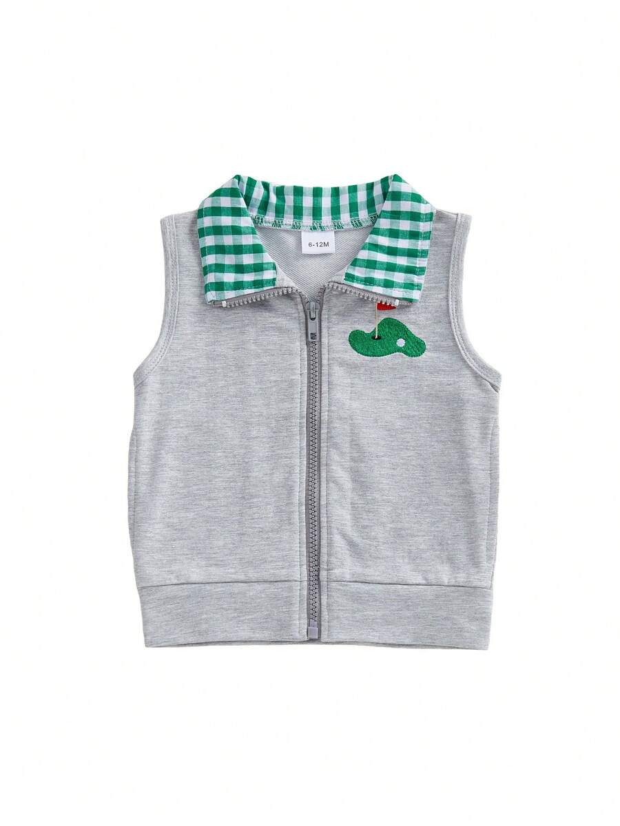 Chaleco para bebé niño y niña, chaqueta con cuello de solapa, bordado con cremallera y temática de golf - Verde - Ver 1