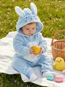Infant Girl Boy Easter Rompers Long Sleeve Hooded Spring Full Zipper Fleece Rabbit Jumpsuit - Blue - View 7