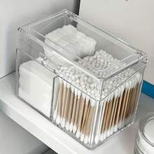 1 pezzo Scatola portaoggetti per cotton fioc, Scatola portafazzoletti da trucco in acrilico per salone di bellezza, Scatola per il tavolo da toeletta, Scatola portafazzoletti struccanti, In plastica trasparente, 3 scomparti, Con coperchio antipolvere - Multicolore - Visualizzare 4