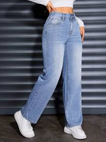 Plus Size Women's Fashion Solid Light Blue Washed Denim Cat Whisker Pocket Rigid Denim Wide Leg Jeans, Casual Wear For Spring, Summer, Autumn, Winter - Light Wash - View 1