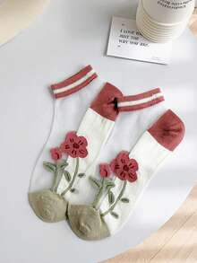 1/5 双 3D 立体花卉玻璃袜 法式浪漫风格 - 透气不闷热 春夏女士透明水晶蕾丝边饰薄款低帮踝袜 - 無色 - 查看 10