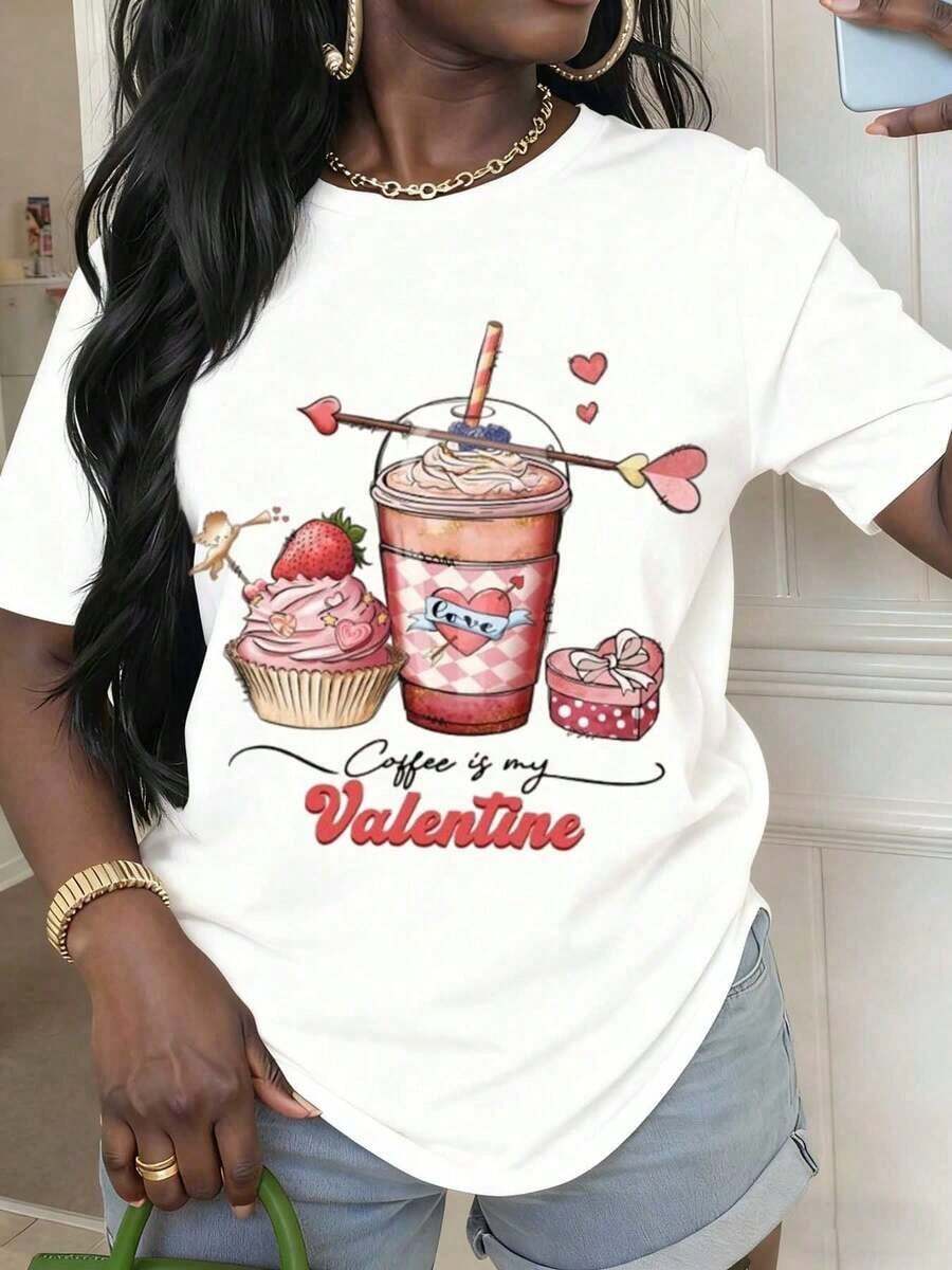 Maglietta da donna per San Valentino con stampa di tazza da caffè, cupcake, cuori e frecce, girocollo casual, regalo perfetto per San Valentino - Bianco - Visualizzare 1