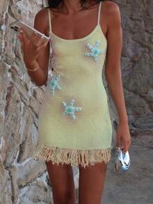 Women's Shiny Starfish Applique Sleeveless Suspender Tassel Edge Dress Knitted Suspender Dress Suitable For The Seaside - 淡黃色 - 查看 1