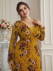 Plus Size Women's Mustard Yellow Floral Lace A-Line Dress, V-Neck, Bishop Sleeve, Flared Hem Vacation Spring - Ginger - View 6