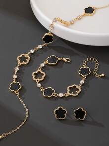 1 Set Luxury Romantic Delicate Sparkling Clover Pendant Necklace, Bracelet, And Earrings Jewelry Set For Women - Black - View 2