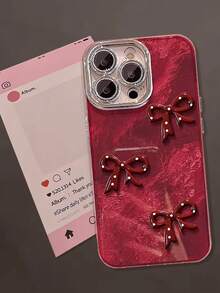 1 Pc Red Three-Dimensional Bowknot Tinfoil Grain Fine Hole Camera Following, Lovely Advanced Sense Of Fashion And Personalized From The Silicone Protective Shell, Compatible With IPhone17 Compatible With IPhone17promax/Compatible With IPhone16 Pro Max/Compatible With IPhone15 Pro/Compatible With IPhone14 Compatible With IPhone13/12/11, Suitable For Family/Friends/Sister/Girlfriend On Valentine's Day Gift/Birthday Gift/Mother's Day Gift - Burgundy - View 5