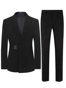 男士修身时尚侧扣黑色西装外套+裤子两件套，适合婚礼/派对等正式场合穿着 - 黑色 - 查看 3