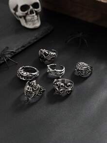 6pcs/Set Vintage Distressed Rings For Teens, Bat/Star Multi-Element Stackable Rings, Suitable For Men's Daily Wear, Great Gift - Silver - View 2