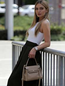 Falda de corte A de unicolor de cintura alta para looks de mujer - Negro - Ver 12