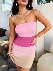 性感修身条纹粉色抹胸针织连衣裙，适合春、夏、秋季穿着 - 粉色 - 查看 2