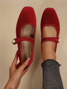 Sapatos femininos de bico quadrado, modelo Mary Jane, para primavera/outono, com tira e fivela de pérola sintética. Design minimalista e elegante em cores sólidas. - Vermelho - Ver 1