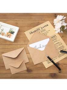 9/17/25件套，牛皮纸信封，适用于信件、贺卡、邀请函、生日卡等，复古简约牛皮纸信封，西式三角翻盖自粘贺卡信封 - 棕色 - 查看 4