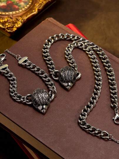 1 Set Vintage Distressed Realistic Eagle Head Parrot 3D Design Jewelry Necklace And Bracelet, Luxurious Elegant High-End Accessory, Suitable For Dark Retro Parties And Casual Cool Outfits, Ideal For Daily Wear, Parties, Banquets And Celebration Events