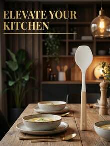 This White Silicone Flat-Head Soup Spoon Has A Soft Surface That Won't Scratch Cookware. It's Suitable For Serving Soup, Porridge, And Rice. The Spoon Is Made Of Silicone With A Wooden Handle That Feels Warm To The Touch And Won't Get Hot. The Bottom Of The Spoon Has A Hanging Hole For Easy Storage, Making It A Practical Tool For Daily Cooking And Serving In The Kitchen. - Multicolor - View 7
