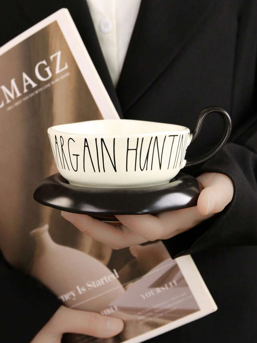 1pc Creative English Letter Coffee Cup & Saucer Set, Ceramic Material, Suitable For Home, Restaurant, Club, Party Use - Multicolor - View 1