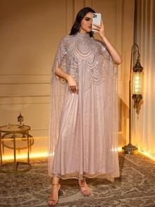 Elegant Long Robe, Stand Collar, Batwing Sleeves, Woven Fabric, Decorated With Delicate Embroidery Details. - Coral Pink - View 3
