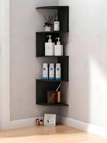 1pc Wall Mounted Corner Shelf Unit, No Drilling Required, Wall Hanging Storage Rack For Bedroom, Living Room, Bathroom, Kitchen (Carbonized Black), Rustic Style Wooden Wall Mounted Corner Shelf, Suitable For Bathroom, Kitchen, Bedroom Or Living Room (Deep Carbonized Black) - 黑色 - 查看 4