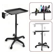 Carro de bandeja para salón con altura ajustable, bandeja rodante de aluminio para tatuajes, con soporte para secador de pelo, ideal para salones de tatuajes, peluquerías y centros de masajes. - Negro - Ver 1
