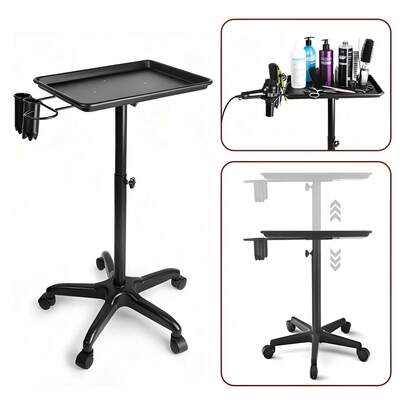 Carro de bandeja para salón con altura ajustable, bandeja rodante de aluminio para tatuajes, con soporte para secador de pelo, ideal para salones de tatuajes, peluquerías y centros de masajes.