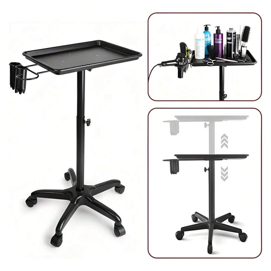 Carro de bandeja para salón con altura ajustable, bandeja rodante de aluminio para tatuajes, con soporte para secador de pelo, ideal para salones de tatuajes, peluquerías y centros de masajes. - Negro - Ver 1