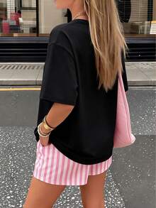 LOVE JOYY 女士复活节彩虹兔印花黑色短袖T恤，宽松舒适，时尚休闲，春夏假日派对圆领上衣 - 黑色 - 查看 6