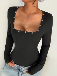 女士黑色连体衣，时尚性感坏女孩风格，方领镂空设计修身长袖连体衣，适合度假、海滩、节日、夜间约会、音乐节、派对等场合。 - 黑色 - 查看 1