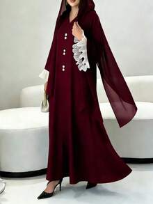 Đầm maxi nữ thanh lịch cổ chữ V cài nút, tay áo xếp ly phối màu tương phản, thích hợp cho đám cưới, tiệc tùng, mặc hàng ngày, kiểu dáng Trung Đông, dáng rộng, màu đen, thích hợp cho mùa xuân. - Màu Đỏ Sâu - Xem 4