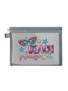 Large-Capacity Transparent Mesh Makeup Bag With"Beach Please" Pattern, Portable Travel Makeup Storage Bag, Colorful Beach-Themed Storage Bag With Zipper Closure,Makeup Bag, Skincare Bag,Portable Storage For Vacations And Travel, Summery Theme - Multicolor - View 15