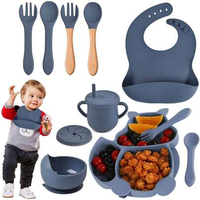 Platos para bebe silicon,9 Pcs juego de babero impermeable,Tazas con pajitas, Cubierta de merienda,Cucharas y tenedores,baberos,Fácil de limpiar, apto para microondas