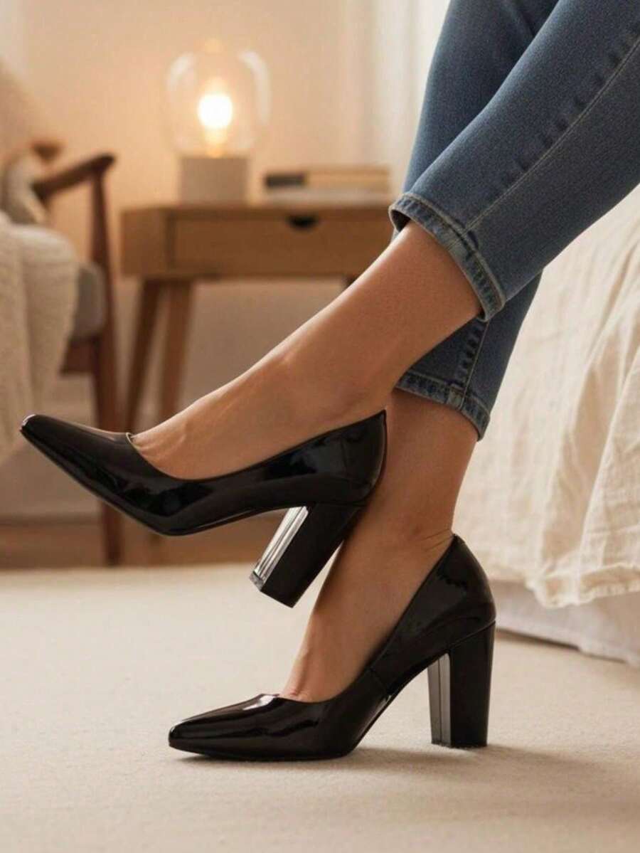 Women's Patent Leather High Block Heel Pump (9.5 Cm) Elegant And Comfortable Winter 2026 Black, Red, Nude, Pink, Blue, , Pink - 黑色 - 查看 1