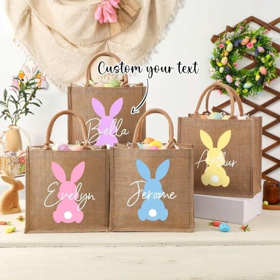 1PC Personalized Easter Bag, Jute Easter Bag, Custom Easter Bunny Bag With Name, Kids Egg Hunt Bags, Easter Basket, Easter Gift Bags - Camel - View 1