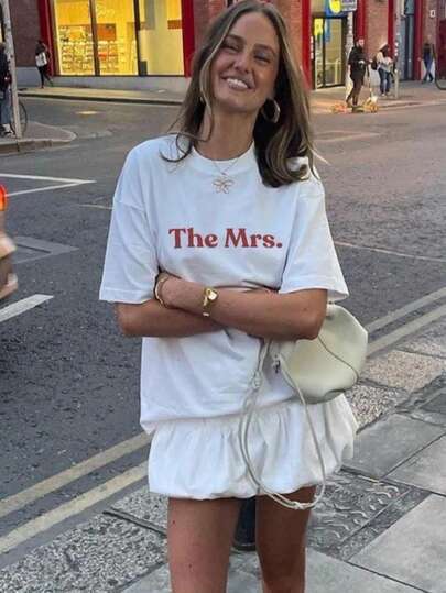 2026 New Spring/Summer "The MRS" Printed Women Round Neck T-Shirt - Bride T-Shirt, Wedding Gift For Her, Newlywed Tee, Bridal Shower Gift, Honeymoon Top, Bachelorette Party Tee, Wife White Casual