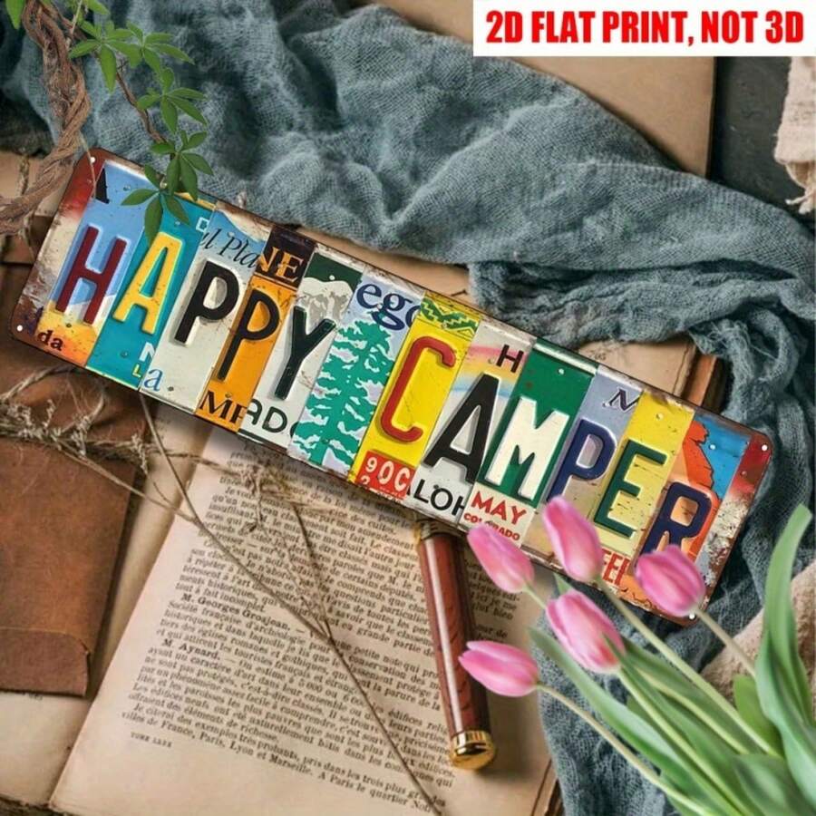 2D Flat, 16x4 Inch 2D Flat "Happy Camper" Metal Sign - Rustic Vintage Wall Art With Colorful Camping-Themed Letters, Pine Trees & Tent Design - Indoor/Outdoor Durable Metal Plaque For Camping Enthusiasts, RV Decor, Cabin Wall Decor, Welcome Gift, Camping Decor, Indoor Outdoor Decor, Playful Lettering, Weatherresistant Art, 2D Flat - Metal Spray Paint - View 1