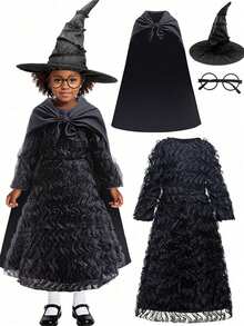 Black Masquerade Ball Gown With Cape, Hat And Glasses, Suitable For Carnival, Easter, Formal Dinner, Cosplay - Black - View 1