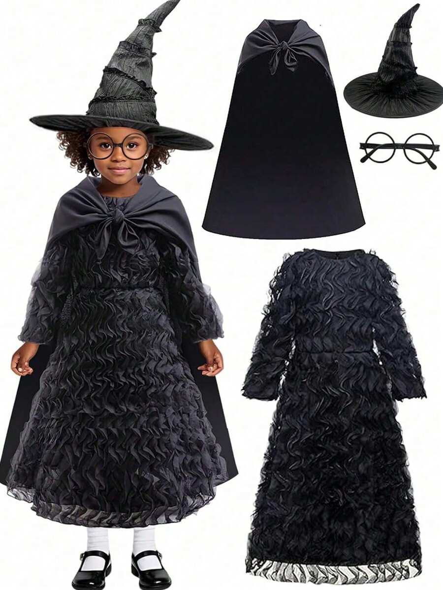 Black Masquerade Ball Gown With Cape, Hat And Glasses, Suitable For Carnival, Easter, Formal Dinner, Cosplay - Black - View 1