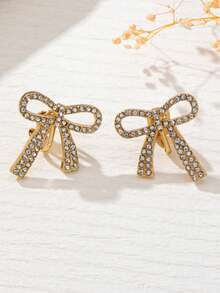 1 Pair Elegant Luxury Gold Rhinestone Bowknot Design Stud Earrings, Showcase Romantic Chic Fashion For Women, Suitable For Dates, Parties, Daily Wear - Multicolor - View 3