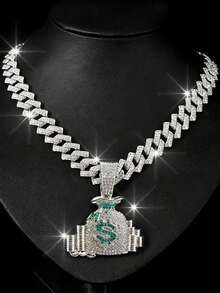 1 Set Fully Rhinestone Money Bag Pendant 15mm Diamond Cuban Link Necklace Bracelet, Men's Green Dial Watch, Hip Hop Style Men Accessory Set
