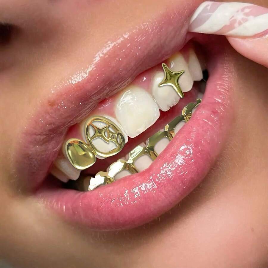 1 Set Dual-Tone Double Star Hollow-Out 6-Tooth Grillz, Unisex Everyday, Nightclub, Party Cool Accessory Teeth Grillz