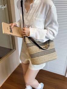 2026 New Summer Large Capacity Underarm Bag For Women, Fashion Vacation Straw Bag, Versatile Commuter One Shoulder Beach Crossbody Bucket Bag - Khaki - View 5