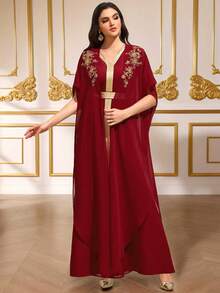 Ramadan Limited Edition Set: Chiffon Red & Gold Embroidered Floral V-Neck Tie Waist Women 2 Pieces Robe, Suitable For Special Occasions And Holiday Performances - Burgundy - View 4